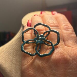 Big and Beautiful Floral Blue and Gold Adjustable Ring